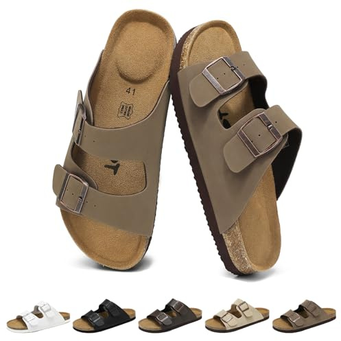 Wizshoe Sandales Homme en Liège Mules Hommes Claquettes D'été Confortables avec Boucles Réglables à Bout Ouvert Maison et Travail Ergonomique Sandals Men Slide Marron 42 EU