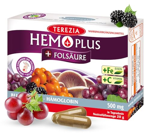 TEREZIA HEMOPLUS - 500 mg | Eisen, Vitamin C & B, Folsäure, Traubenkernextrakt | Immunsystem, Hämoglobin & Blutbildung | Gesundes Blut | Optimieren Sie Ihre Blutgesundheit, 60 Kapseln