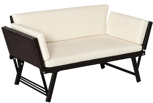 Outsunny Rattan Garden Bench with Reclining Back, Adjustable Armrests, 2-in-1 Convertible Garden Sofa Bed Lounger, Outdoor Bench Daybed with Cushions for Porch, Patio, Brown