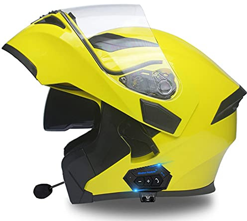 Casque De Moto Modulable Bluetooth Intégré Homologué ECE/DOT Avec Double Visière Anti-Buée Et Microphone Casque De Moto Intégral Pour Hommes Femmes Adultes Yellow,M