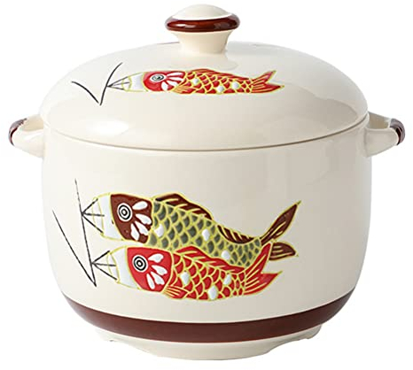 Ceramic Stewing Pot Fish Pattern Soup Pot Cream Soup Warmer Porridage Container with Lid Handle for Baby Food Soup Milk 1000ML