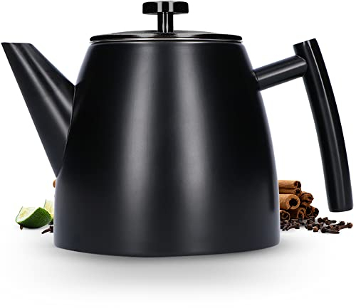 Vaja Trends Théière, 1L Noire Mat à Double Paroi en Acier Inoxydable Théière avec Infuseur et Réchaud, Machine à Thé