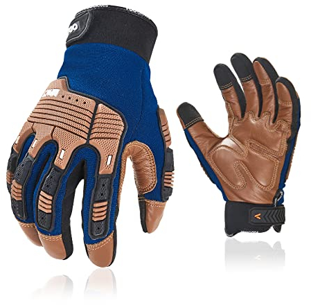 Vgo... Gants de travail en cuir, gants de mécanicien, gants de sécurité, gants hyfrofuges, anti-vibration, résistant à l'eau(CA7725IPWR,Bleu,10/XL,1Paire)