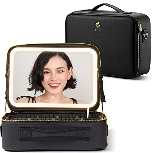 OMIRO Kosmetiktasche mit Großem Beleuchtetem Spiegel Teilbare Schminktasche Reise Make Up Tasche mit Spiegel Kulturbeutel Organizer mit Kosmetikspiegel für Unterwegs (Schwarz, Groß)
