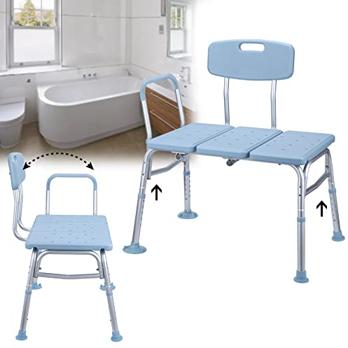 XMTECH Asiento de bañera, taburete de ducha, silla de ducha para bañera, taburete de baño con reposabrazos y respaldo desmontable, altura ajustable, ayuda de ducha, 150 kg,Azul,XM-(HAG1334)