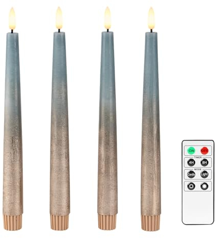 Fanna 4 Echtwachs Led Stabkerzen mit Fernbedienung, Rustikale Flammenlose Spitzkerzen mit Timer für Weihnachten Dekorationen und Adventskranz - H 24,5cm - Blau/Kupfer