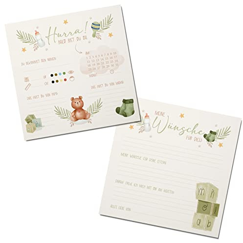 Ratespiel Babyparty, 10 Stk.: Tippkarten Baby Shower & Gender Reveal Party, Spiel, Rätsel & Wünsche, Geschenk Schwangerschaft, Jungen & Mädchen, Rätselkarten zum Ausfüllen, Unisex, 14,8 x 14,8 cm