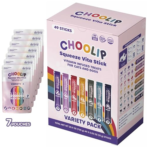 Choolip Squeeze Vita Stick Lickable Cat and Dog Treats – 49-Count Variety Pack with Multivitamins, Soft Squeezable Paste for All Life Stages, Supporting Overall Health - Box with 7 Pouches