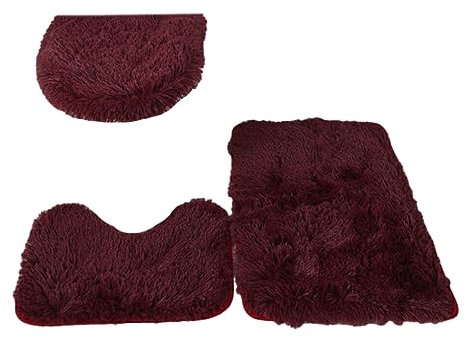 rongweiwang 3 teiliges exquisites Handwerkskunst und rutschfestes Badezimmerteppich Set für stilvolle Touch PU Teppiche, Matten Set, WC Abdeckung, hergestellt aus PU, Weinrot