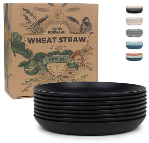 Grow Forward Premium Wheat Straw Plates - 8 Inch Reusable Hard Plastic Dinner Plates Set of 8 - Unbreakable Microwave Safe Plates for Dessert, Camping, RV, Outdoors, Patio, Kitchen Dishes - Midnight