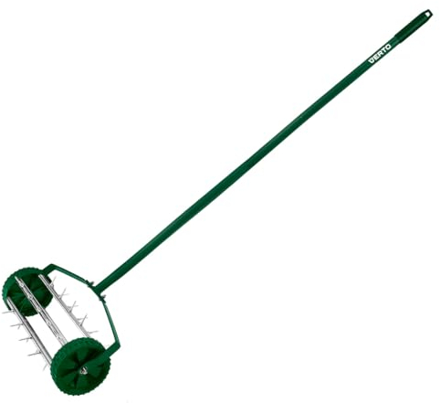 VERTO Ventilador de mano para césped, cuidado del césped, aireación del césped, elimina el musgo y el fieltro del césped, con dientes de acero inoxidable, aireador manual, rodillo de púas