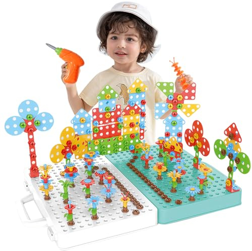 Ark miido Drill Design Puzzle Constructions Toys, 399 Pcs Magic Montessori Play Toolbox for 3,4,5 Year Old Boys Gifts, Creative Tool Box with Drill Screwdriver Peg Board Educational Toy