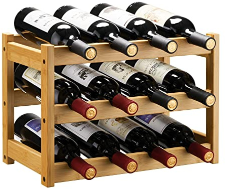 VASMIA Weinregal für 12 Flaschen, Flaschenregal mit 3 Etagen,Flaschenhalter aus Bambus für Keller,Küche, Bar, Esszimmer, Flaschenhalter Holz 43.5x24x30cm, Natürlich