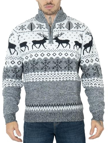 NOROZE Christmas Men's Jumpers | Nordic Style Knitted Lightweight Reindeer Printed Jumper | Quarter Zip Crew Neck Long Sleeve Pullover Top | Christmas Jumper Xmas Jumper Sweaters for Men Cream