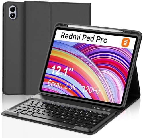 Xiaomi Redmi Pad Pro 12,1 tangentbordsfodral, magnetiskt avtagbart tangentbord med QWERTZ-layout, fodral med pennhållare | Med magnetiskt avtagbart Bluetooth tunt tangentbord och mjukt TPU-fodral med pennhållare för kontor/studie/skrivning, svart