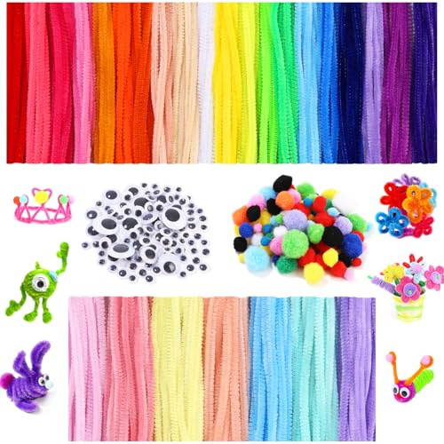 600 Pièces 400 fil Cure Pipe Chenille 30 cm, 100 Pompons Multicolores, 100 Yeux Branlants Autocollants, DIY Artisanat Décoration Fournitures, Chenille pour la Fabrication de Fleurs, Petits Animaux