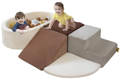 BanaSuper Blocchi Schiuma per Bambini, Blocchi da Arrampicata in Schiuma con Piscina di Palline (Nessuna Palla), Attrezzature da Gioco Morbide, Parco Giochi per Arrampicata e Gattonare, caffè Grigio
