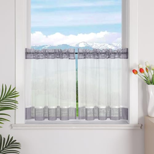 Delien Linen Look Net Curtains with Ruffle Tape and Drawstring, Semi-Transparent Bistro Curtains for Kitchen Windows, Country House Short Curtains, Pack of 1, Grey, W x H 90 x 45 cm