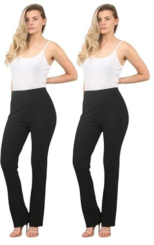 Pack of 2 Ladies Stretch Bootleg Trousers – Soft Ribbed Work Pants with Elastic Waist – Women’s Flared Leggings Black Pull On Office Bottoms – Petite & Plus Size-(Black 14W/29L)