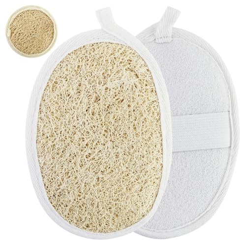 2 Pezzi Spugna naturale di luffa, spugna di luffa, spugna doccia esfoliante, riutilizzabile, con 1 piccola spugna rotonda in luffa, per uso quotidiano, bagno, cura del corpo, doccia