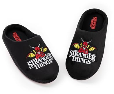 Stranger Things Pantuflas unisex para niños con el logo negro | Calzado de interior para relajarse | Pantuflas cómodas con diseño de la serie | Merchandising