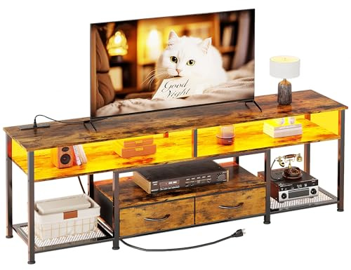 MUTUN 160cm TV Stand Cabinet, TV Unit with Charging Station and LED Light for 45 55 65 70 75 inch TV, TV Bench for Living Room Bedroom with Storage Fabric Drawers and Shelves, Rustic Brown