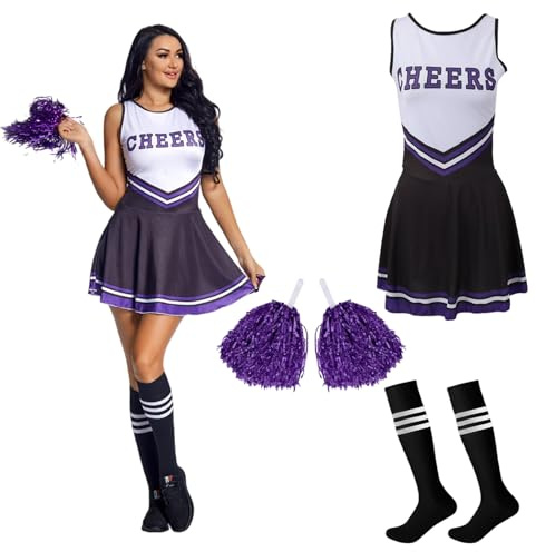 MUNSKT Cheerleader Fancy Dress Outfit,Cheerleading Outfit with Pom Poms,Cheerleader Costume for Women Girls,Uniform High School Dress,Cheerleader Outfit Adult Fancy Dress Costume