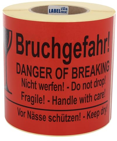 Warnetiketten 210 x 148 mm - Paket Aufkleber Bruchgefahr! Danger of Breaking - Nicht werfen! Do not drop - 500 Versandaufkleber auf 1 Rolle(n), Papier selbstklebend