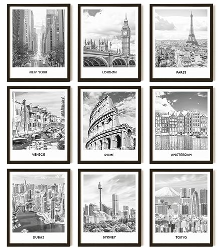 97 Decor Stampa artistica da parete bianca e nera, con immagini di paesaggi urbani, architettura famosa, decorazione da parete, poster con edifici europei, foto dello skyline di New York (20 x 25 cm,