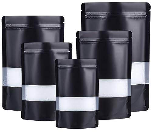 100pcs Mylar Bags Stand up,Resealable Bags Ziplock With Window,Black Smell Proof Bag Aluminum Foil Pouches,Reusable Mylar Baggies Heat Seal Packaging Bag for Food Storage (10x15cm - 100 pcs, Black)