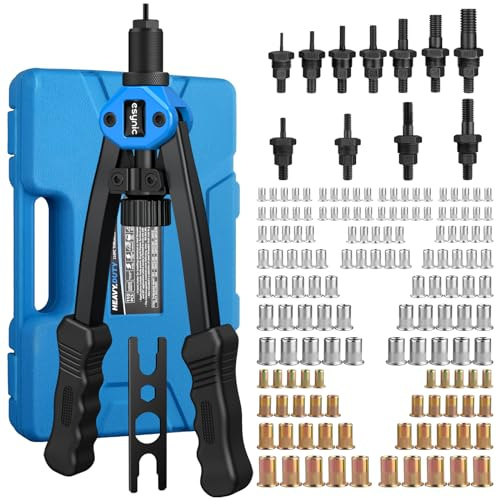 eSynic 13 Inch Rivet Nut Gun High Efficiency Rivnut Gun Tool with 7 Size Metric & 4 Size SAE Mandrels 150pcs Rivet Nuts Durable Rivnut Tool Kit Non-slip Hand Riveter Nut Gun Kit Easy for Your Work etc