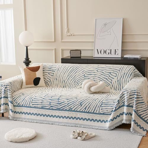 ROOMLIFE Thicked Striped Couch Cover with Tassel Blue Chenille Sofa Cover Blanket for Sectional Sofa, Soft Sofa Slipcovers for L Shaped Love Seat 2-3 Cushion Couch Anti Slip Sofa Protector, 71x118