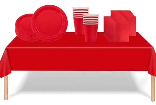 Set di 53 eleganti decorazioni rosse da tavola per bambini, set da tavola usa e getta per feste, tovaglie, piatti di carta da 17,8 cm, tovaglioli di carta, bicchieri per Natale, compleanno, festa di