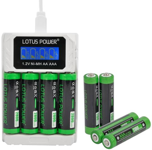 LOTUS POWER Cargador Universal de 4 Ranuras + 4 Pilas AA + 4 Pilas AAA Set, Cargador LCD NiMH y Batería Recargable AA AAA (1 Cargador y 8 Pilas)