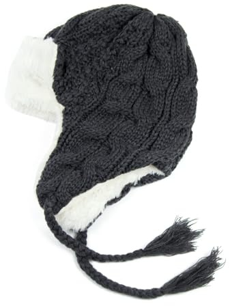 Générique Bonnet Trappeur Gris Anthracite 56-58cm Chapka fourré doublé Polaire et Fausse Fourrure Chaud Isolant Mailles Acrylique péruvien Femme Homme Mixte cz2804