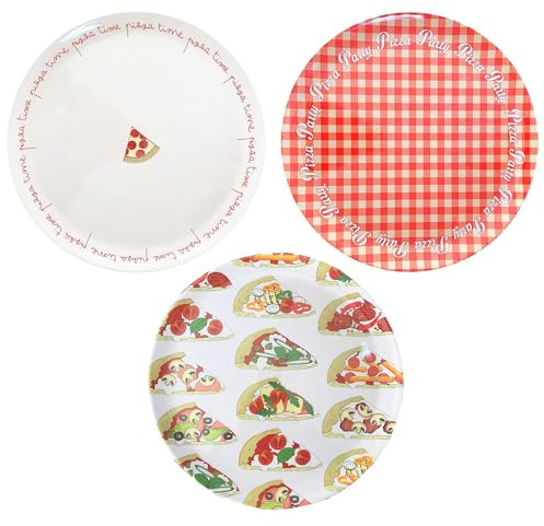 PALUPLUS Set 3 Piatti Pizza Rotondi in Melamina, Diametro 33 cm e Altezza 1,5 cm, Piatto con 3 Decorazioni, Infrangibili e Riutilizzabili, Fantasia Rossa, Pizza Time e Spicchi pizza -4634C