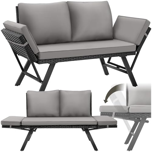 tectake® Divano Lounge in Rattan, 2 in 1, Braccioli Pieghevoli, Cuscini Morbidi, Imbottitura Spessa, Polyrattan Resistente, Fodere Idrorepellenti, Arredamento Esterno e Interno - Grigio Chiaro/Nero