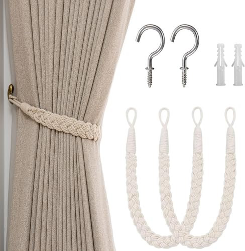 2PCS Curtain Holdbacks Rope Curtain Buckle Boho Style Decor Drape Tie Backs Soft Hand-Woven Double Rope Curtain Holdbacks with Metal Hook for Living Room Bedroom Cafe Office Drapery (Beige)