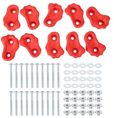 PATIKIL Rock Climbing Holds, 10 Pcs Small Climbing Rock Wall Grips Play Set Climber Attachments with Double Hole for Playground Accessory Indoor Outdoor Tree Training, Red B-Small