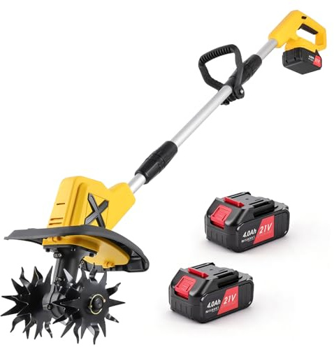 Motozappa a Batteria 21V: Zappatrice Elettrica Cordless 360 RPM con 2 Batterie 4.0Ah e Caricabatterie, Larghezza 23cm e Profondità 17cm, Fresa per Orto, Giardino e Terreni Induriti