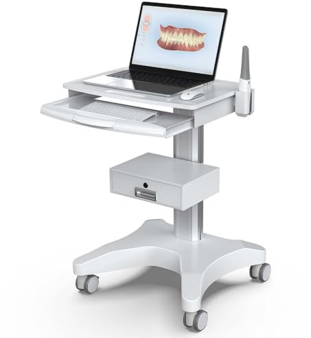 RVUEM Medical Trolley Cart with a Drawer, Mobile Workstation on Wheels, with Laptop Tray and Oral Scanner Holder, Height Adjustable, for Hospital Dental Clinics Beauty Salons