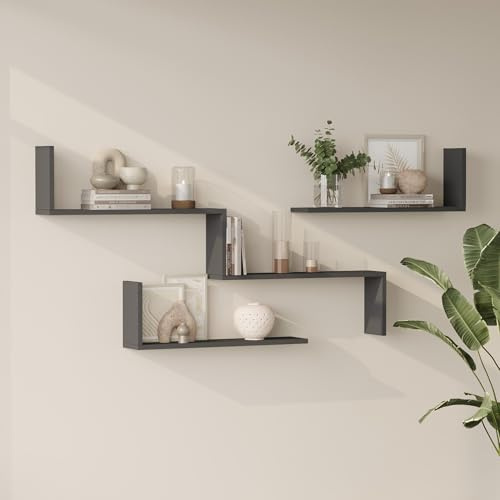 [en.casa] Lot de 3 Étagères Murales avec Éléments Combinables Rangement Flottant Pratique Moderne pour Livres Décoration Chambre Cuisine Séjour Panneau de Particules 75 x 142 x 15 cm Anthracite