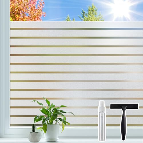 Lifetree Window Film Privacy 44.5 x 200 cm, Frosted Static Cling Stripe Pattern Film for Glass Windows, No Glue Removable Glass Sticker, UV Blocking Anti-Glare, for Home Office Bathroom