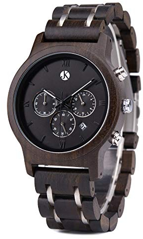 Kim Johanson Herren Holz-Edelstahl Armbanduhr *Air Force* in Dunkelbraun Chronograph mit Einem Gliederarmband Handgefertigt Quarz Analog Uhr inkl. Geschenkbox