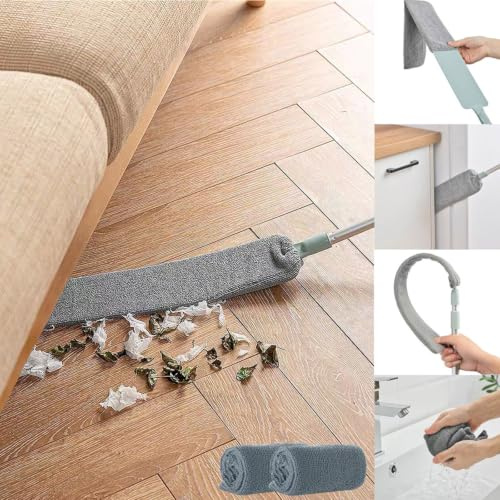 Cepillo de polvo de microfibra para debajo del electrodoméstico con poste de extensión (40 a 55 pulgadas), flexible, lavable, extensible, para sofá, cama, parte inferior de muebles, gris húmedo o seco