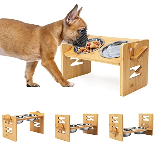Erhöhte Hundenäpfe verstellbar, erhöhter geneigter Futternapf für französische Bulldogge, abgeschrägter Futternapf für kleine und mittelgroße Hunde, Welpen, mit Bambusständer und 2 Edelstahlnäpfen