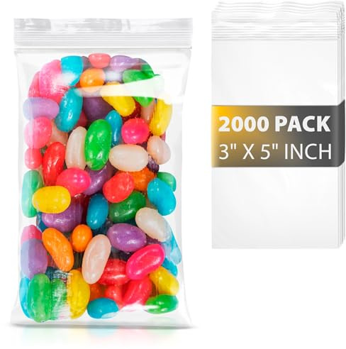 Amiff Clear Zipper Bags for Organizing, 3 x 5 Inches. 2000 Pack Reclosable Plastic Bags for Small Business, 2 Mil. Clear Zipper Pouches. Waterproof Storage Bag with Zip Top.