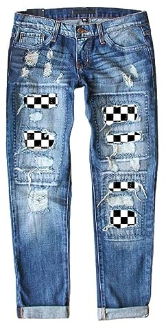EVALESS Ripped Jeans for Women Boyfriend Distressed Patchwork Print Democracy Mom Jeans 2023 Fashion Wide Leg Losse Baggy Denim Bootcut Jeans Pants with Hole Blue Large