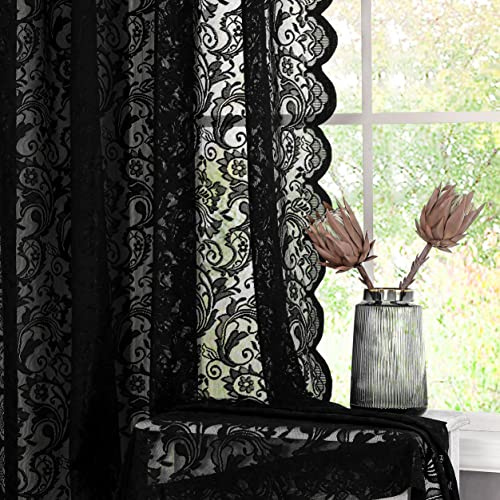 Bujasso Black Sheer Lace Curtains 84 inch Vintage Floral Sheer Gothic Curtain Panels for Living Room Bedroom Luxury Light Filtering Drapes Black Window Treatment Sets Rod Pocket 2 Panels 54 Wx84 L