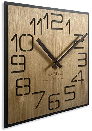 FLEXISTYLE Moderne quadratisch große WanduhrHolz ECO Durchmesser 50cm, Stille, Holzoptik, Eiche, Wohnzimmer, Schlafzimmer, Made in EU (Digits)
